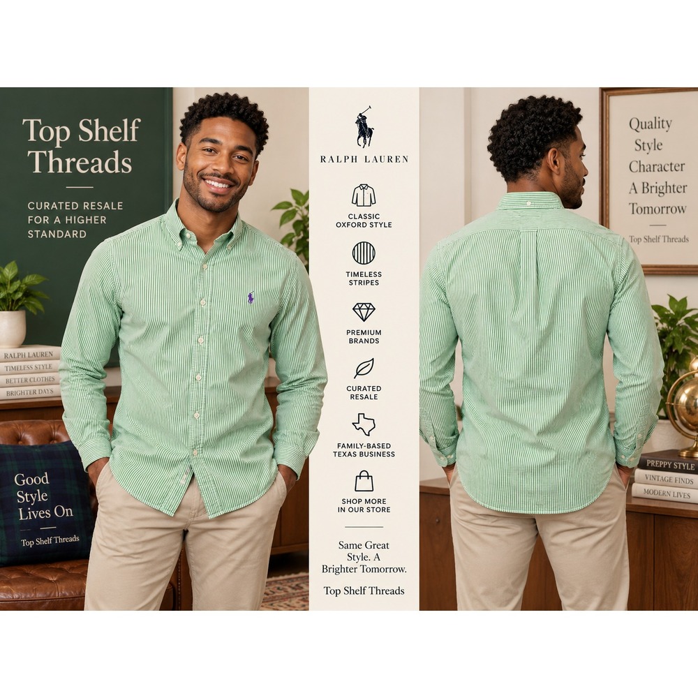 Polo Ralph Lauren Men M Green White Stripe Slim Fit OCBD Purple Pony Dress Shirt